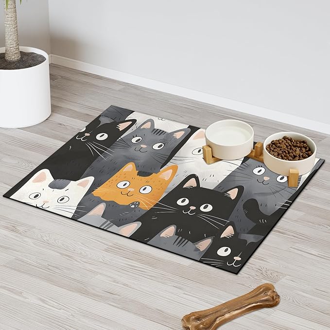 Eizlang Dog Cat Food Mat,12"x20" Inches Rapid Absorbent Pet Feeding Mat,Pets Placemat Water Bowl Mats with Rubber Backing,No Stains Cat Dog Feeding Mats Indoor,Pet Accessories Supplies,Cartoon Cats
