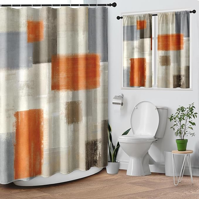 Culudea Beige Orange Painting Shower Curtain Set, Grey Contemporary Modern Bathroom Window Waterproof Shower Curtain Set for Bathroom Decor