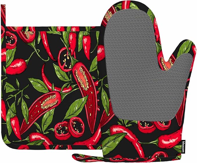 Mxocom Mexican Hot Pepper Chili Oven Mitts and Pot Holders Sets Slices Halves Crushed Pieces and Branch Organic Healthy Red Silicone Heat Resistant Kitchen Oven Gloves Pot Holder for Cooking