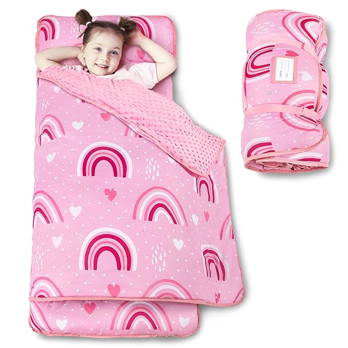 Beavtaens Toddler Nap Mat with Pillow and Minky Blanket, Large 55"x35" Sleeping Bag, Washable, Lightweight, Easy to Roll, Perfect for Preschool, Daycare, Kindergarten, Travel, Boys and Girls(Rainbow)