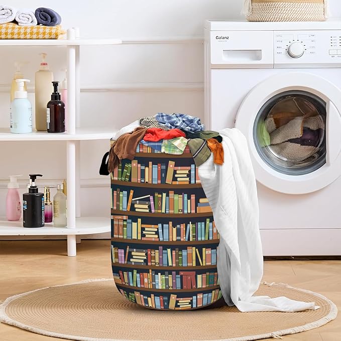 Bookshelf Laundry Basket with Sturdy Handles, Books Collapsible Oxford Cloth Laundry Hamper Organizer Basket for Bathroom Bedroom 15.7x20 Inch