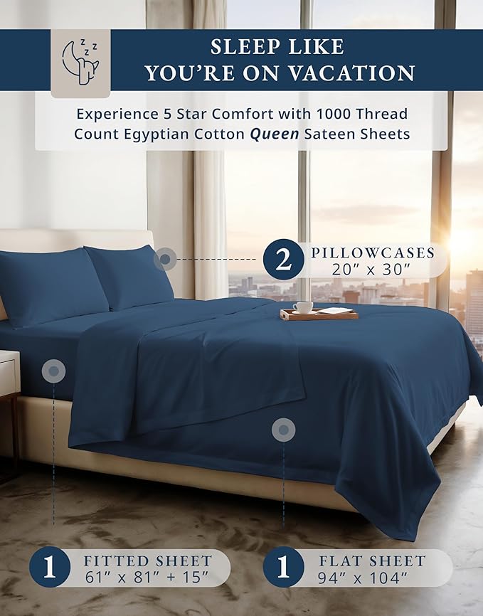 100% Egyptian Cotton Queen Bed Sheets Set - 1000 Thread Count Autthentic Long Staple Cotton Bed Sheets, Breathable Winter Comfort, Ultra-Soft Hotel Luxury Comfort with 15" Deep Pocket - Estate Blue