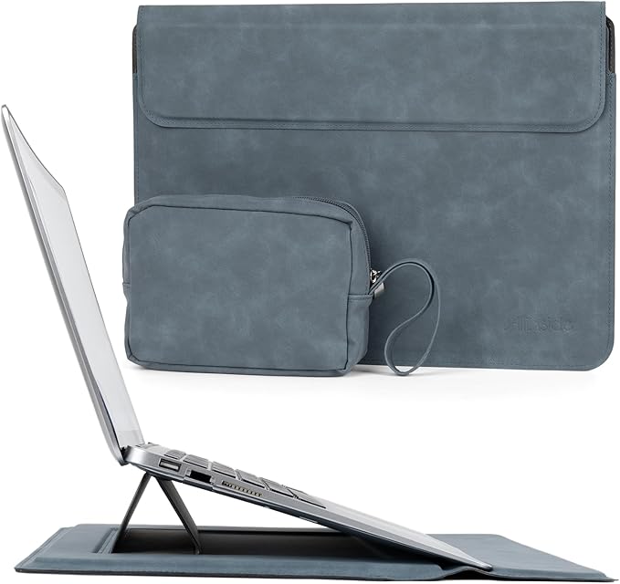 Allinside 13-14 Inch Laptop Sleeve Case for MacBook Pro 14" 2021-2024/MacBook Air 13" 2010-2017/MacBook Pro 13" 2010-2015, Waterproof Matte PU Leather Sleeve Cover with Stand & Accessory Pouch, Blue