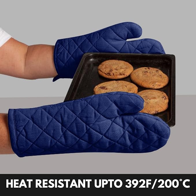 Oven Mitt (7"x13") & Pot Holder (8"x8") 100% Cotton Set of Heat Resistant Oven Gloves & Hot Pads for Gifts, BBQ, Cooking, Baking, Thanksgiving - Indigo Blue