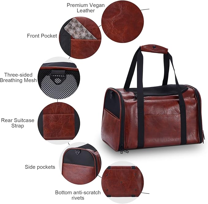 Lasaviin Fashion Leather Dog Carrier Cat Carrier Airline Approved Pet Carrier for Small Medium Dogs Cats Under 15Lbs, Collapsible Soft Sided Travel Puppy Carrier Coffee