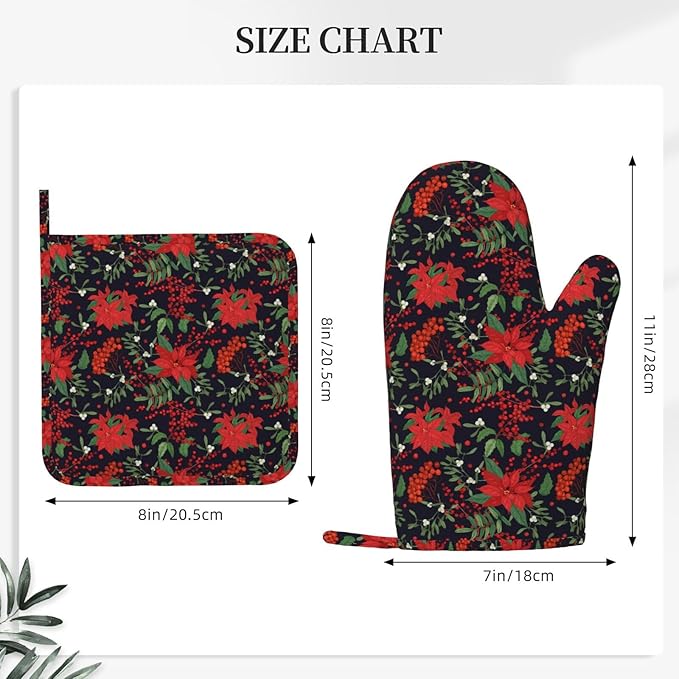 Oven Mitts Pot Holders Set Red Poinsettia Flower Christmas Xmas Silicone Kitchen Gloves Potholders Heat Resistant for Chef Baking Cooking Grilling BBQ 4 Pack Mitt