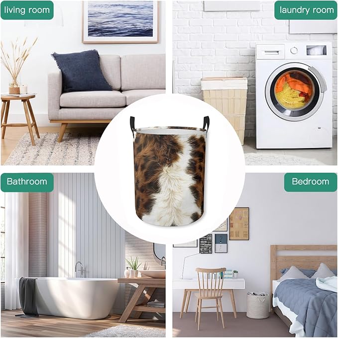 Laundry Basket Brown Cow Print Collapsible Laundry Hamper with Handles Clothes Storage Bin for Household Bedroom Bathroom College Dorms
