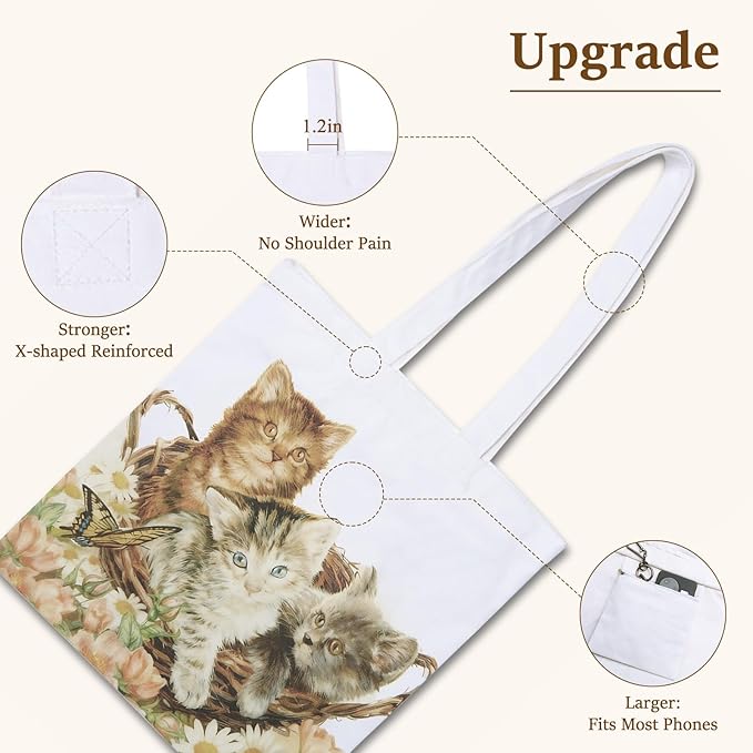 GICDSU Cats Cotton Canvas Tote Bag with Zipper, Reusable Grocery Bags, Beach Foldable Tote Bag for Women, Funny Totebag with Inner Pocket for Shopping Travel Gym Work