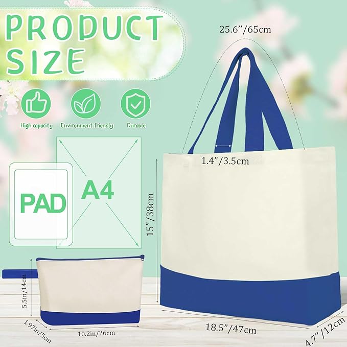 Sanwuta Canvas Tote Bags Bulk with Zipper Cosmetic Pouch 18.5" Reusable Cotton Shopping Bag with Handle for DIY Craft