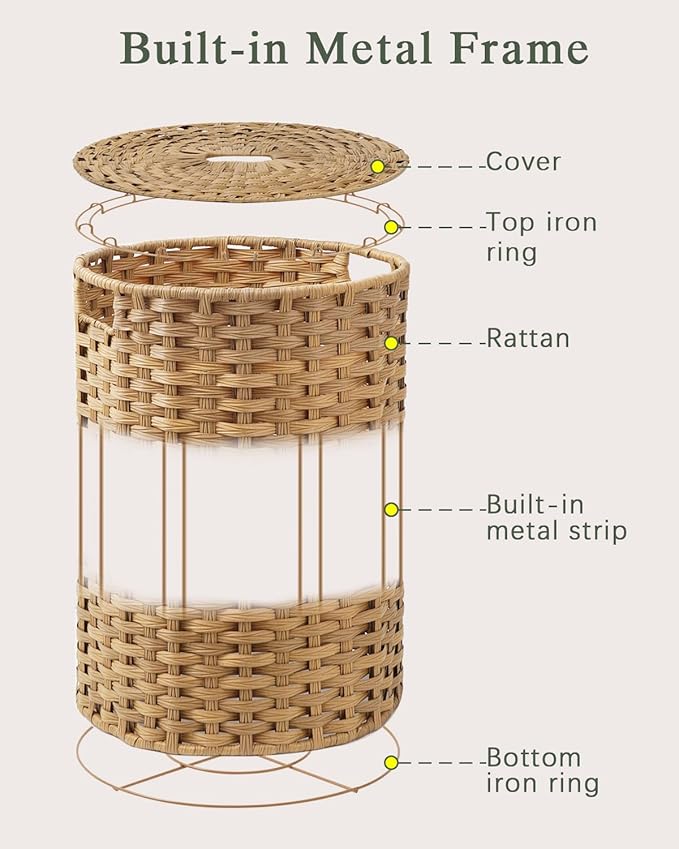 SETVSON Laundry Basket with Lid Round Rattan Laundry Hamper with Lid and Handles 29.1 Gal (110 L) Handwoven Woven Basket with Removable Bags and 2 Mesh Bags for Bathroom Living Room Natural