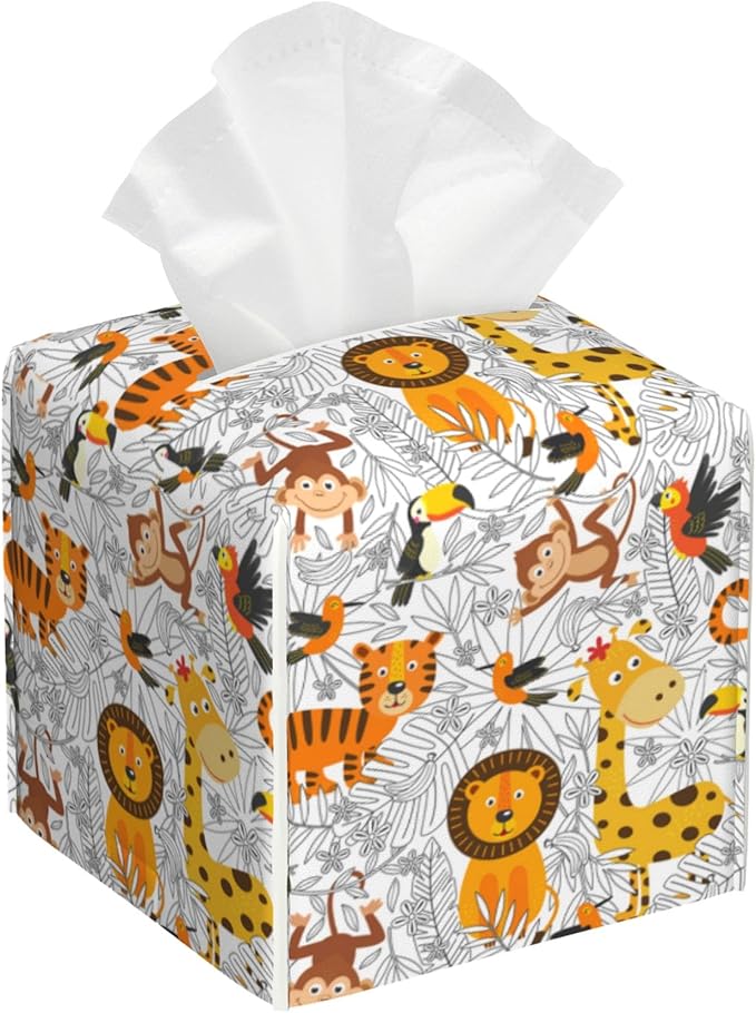 OHEGBXE Flowers and Leaves Tissue Box Holder Tropical Animals Square Leather Tissue Box Cover Modern Cube Facial Paper Cover Case for Bathroom Vanity Countertop Night Stands Tabletop
