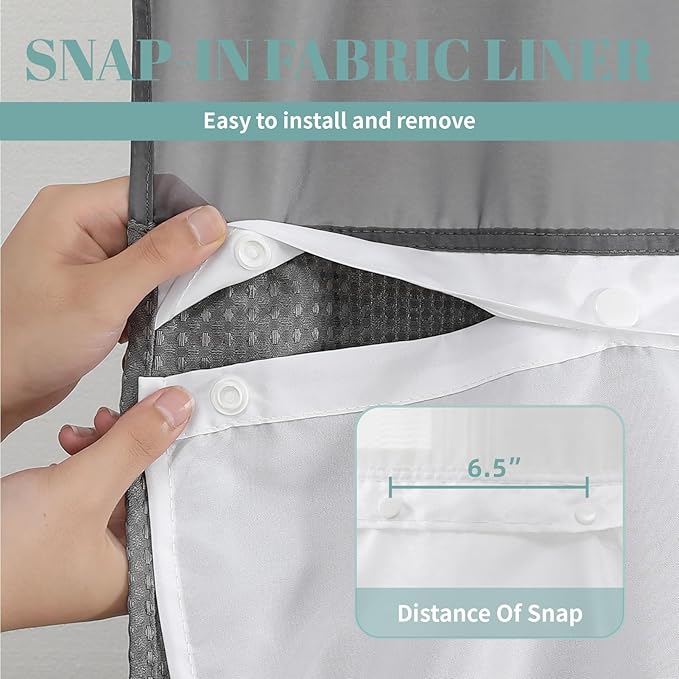 eachope Charcoal Grey No Hook Waffle Weave Shower Curtain with snap-in Liner Replacement, 230GSM Waterproof Fabric Hotel Shower Curtain Set for Bathroom, Through Mesh Top Window,54Wx80H