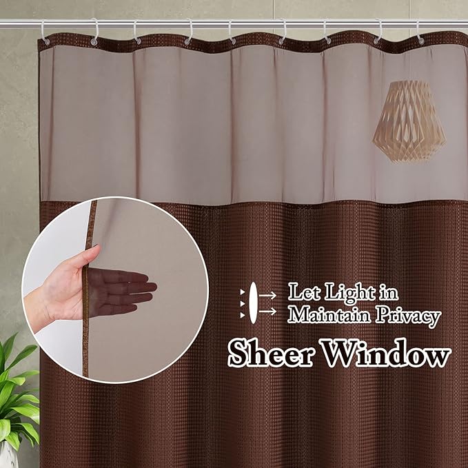 Gibelle Waffle Weave Shower Curtain with Mesh Top Window and Hooks Set, Spa Like Hotel Style Fabric Shower Curtain for Bathroom, Brown, 72x72