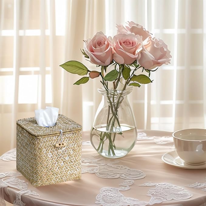 KALEKAIL Seagrass Tissue Box Cover with Lid, Wicker Tissue Box Holder Square, Boho Decorative Woven Tissue Cover Rustic Cube Tissue Holders for Bathroom Living Room Kitchen, Whitewash
