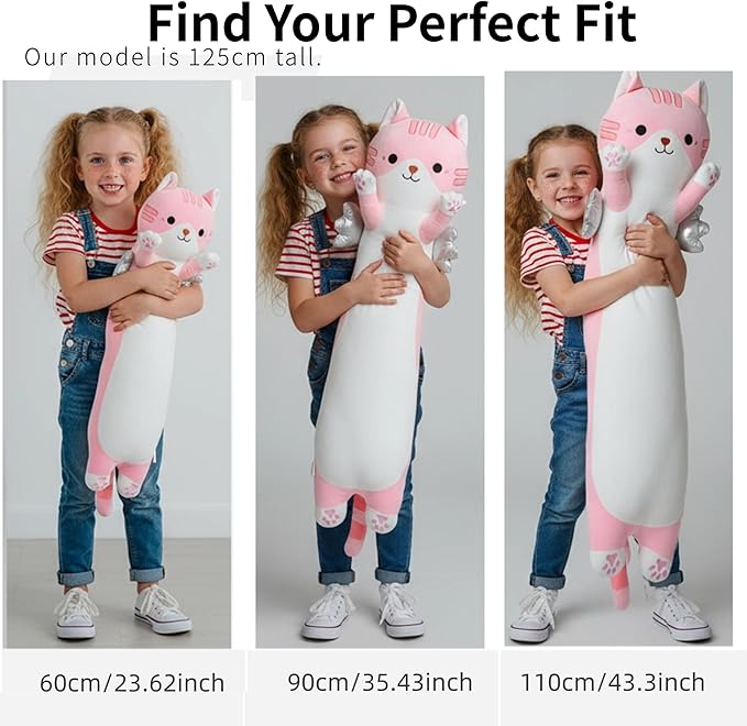 Kekeso Long Cat Plush Pillow, Cute Cat Stuffed Animal Body Pillow with Wings, Soft Kawaii Kitty Hugging Pillow, Christmas Valentine's Birthday Gift for Kids Girls Boys (Pink, 90cm/35.43in)