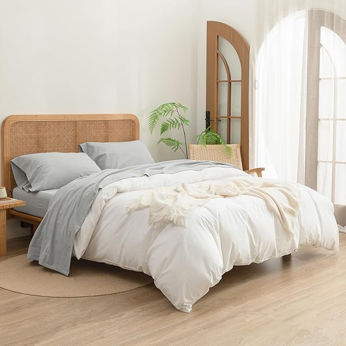 BESTOUCH Sheet Set 100% Washed Cotton Linen Feel Super Soft Comfortable Chic Lightweight 4 Pcs Home Bedding Set Solid Northern Droplet Grey King