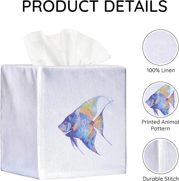 EmbroideryLinen.VN Tissue Box Cover Set of 2, Square Linen Tissue Holder, Printed Animal Pattern, 4.5x4.5x5.5 Inches, Decorative Holder for Bathroom, Living Room, Office (Fish)
