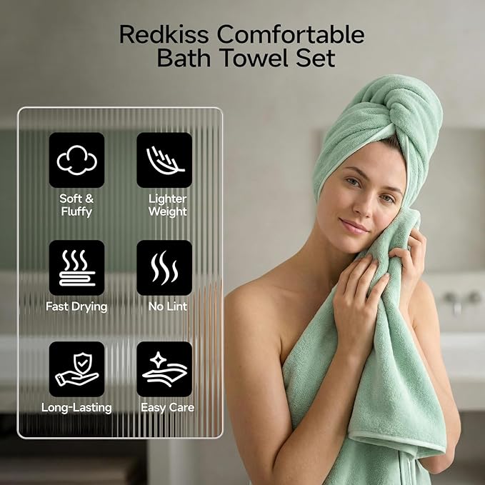REDKISS 2 Pack Microfiber Extra Large Bath Sheets, 35 x 70 Inches, 670G, Soft and Absorbent, Quick Dry Oversized Bath Towels, Perfect for Bathroom, Plush Shower Towels for Spa, Gym & Hotel, Green