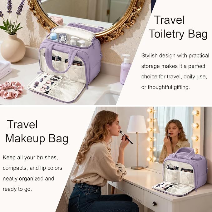 Bagstellar Travel Toiletry Bag, Lightweight Wide-open Large Puffy Toiletry Bag for Women, Quilted Makeup Bag Organizer Water-resistant Cosmetic Bag with Handle for Toiletries, Essentials, Accessories