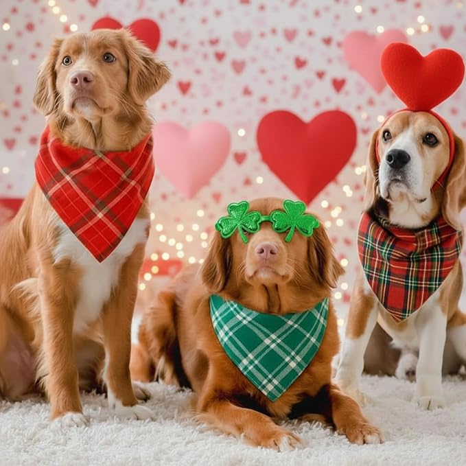Abbylike 50 Pcs Valentine's & St. Patrick's Day Dog Bandanas Bulk Red & Green Plaid Bandanas for Dogs Triangle Kerchief Bib Scarf for Pet Holiday Costume Photo Props Accessories (25.6 x 17.7 x 17.7)