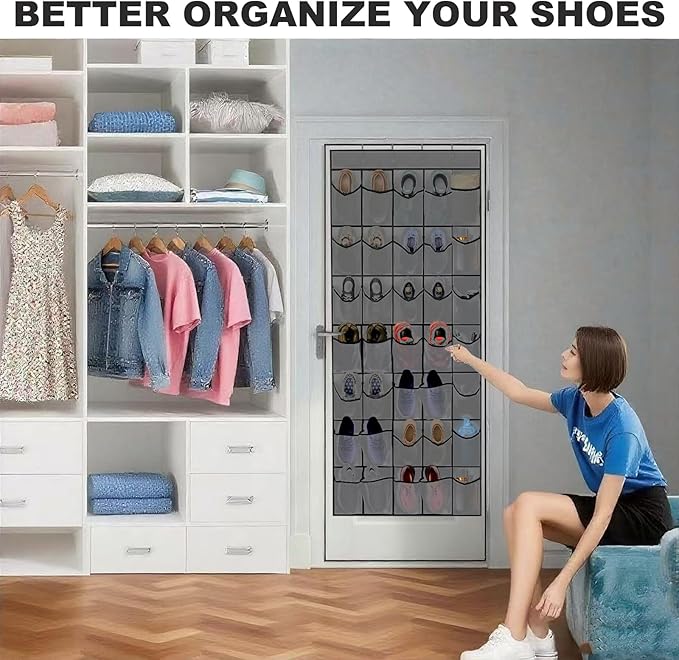 WAHMLA Over the Door Shoe Organizer, 35 Large Breathable Mesh Pockets, Space Saving Hanging Storage Holder, Closet Rack Hanger Holds, Hangs on Closets for Shoes, Accessories, GRAY