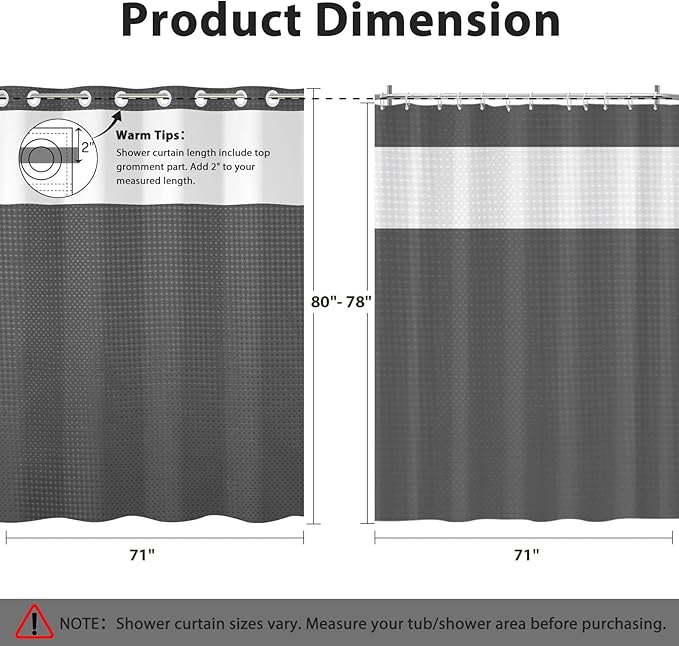 GICDSU No Hook Shower Curtain with Snap in Liner, Waffle Shower Curtain Set for Bathroom, Hotel Style with Semi-Sheer Top Window, Waterproof & Washable, Dark Grey, 71" W x 80" L