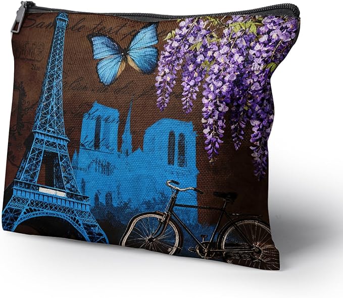 Cafl Eiffel Tower Vintage Wisteria Makeup Bag Travel Large Cosmetic Bag Organizer toiletry Essentials Jewelry Zipper Bag Gift For Women -10×8 inch