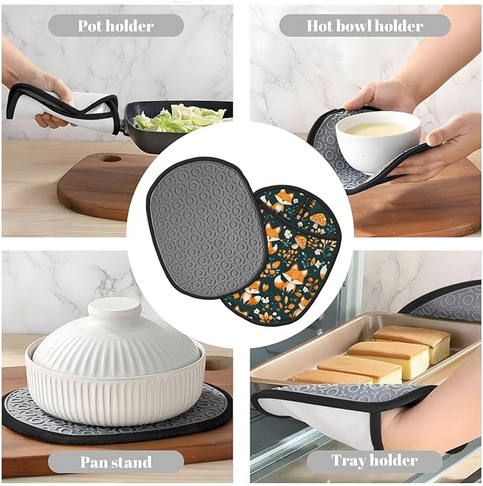Pot Holders 2 Pack Silicone, Cotton Lining, Heat Resistant to 500°F (260°C), Non-Slip Grip, 7.5"x9.4" Oval Kitchen Hot Pads for Oven, Cooking (Fox, Potholders)