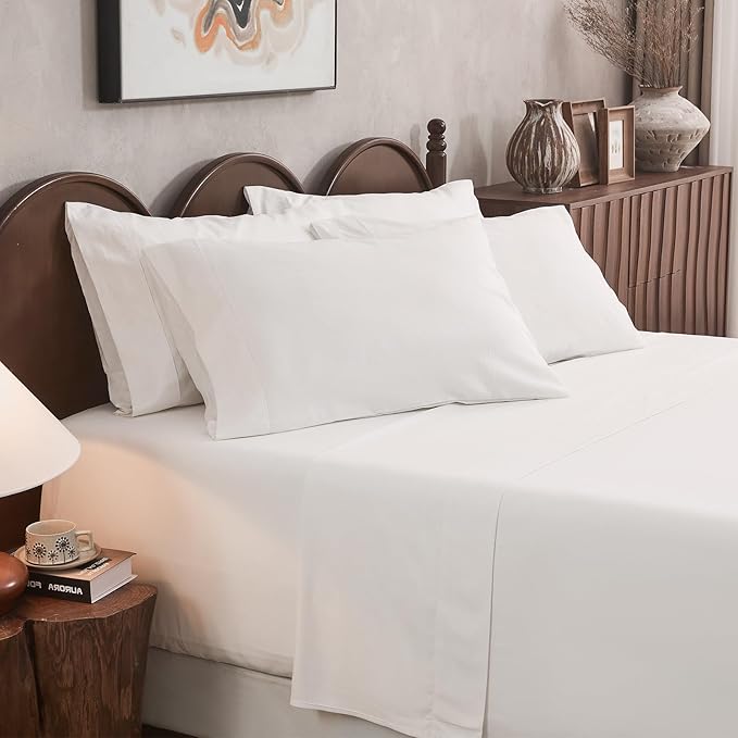 100% Linen Sheet Set Queen Size Extra Deep Pocket Fits 18-24 Inch Mattress, Breathable & Soft, Smooth 6-Piece Set for Thick Mattresses Hotel Luxury Bedding（Queen, White）