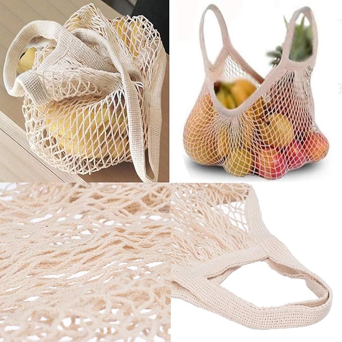 Ahyuan Reusable Cotton Mesh Grocery Bags Cotton String Bag Net Shopping Mesh Bags Pack of 3 (Beige)