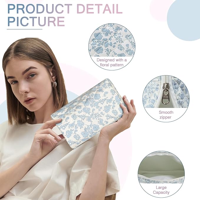 Gosect 2 Pack Floral Makeup Bag, Cute Cosmetic Bag for Women Girls, Quilted Cotton Make up Pouch, Travel Makeup Bags, Portable Storage Toiletry Organizer Bag(Pink+Blue Floral)