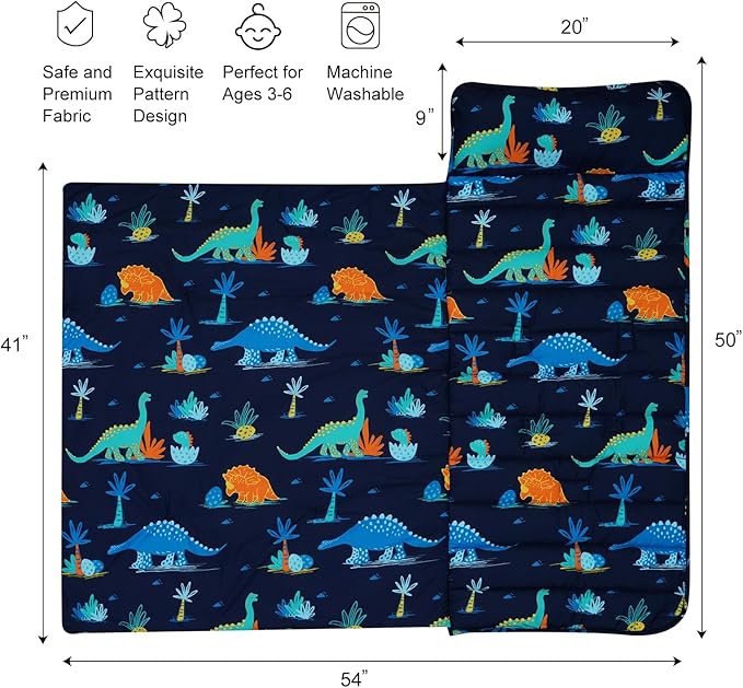 david's kids Toddler Nap Mat Set with Removable Pillow, Ultra Soft Slumber Bags for Boys, Perfect for Preschool, Daycare, Kids Sleeping Bags with Rollup Design, 50"x20", Dinosaur