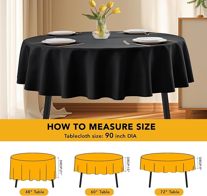 10-Pack Black Round Tablecloths, 90 Inches, Stain-Resistant Polyester for 4-5 Ft Round Tables - Washable Table Covers for Weddings, Banquets, Birthday Parties, Events