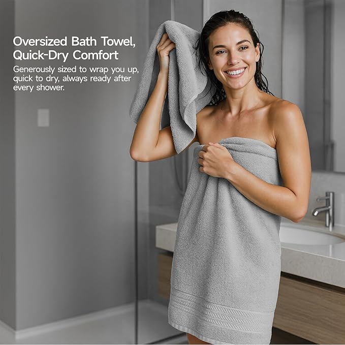 REDKISS Grey Towel Set of 8-100% Cotton Luxury Bath Towels Set for Bathroom, 600 GSM Highly Absorbent Bathroom Towel with 2 Large Bath Sheet, 2 Hand, 4 Washcloths, Grey Shower Towels for Dorm