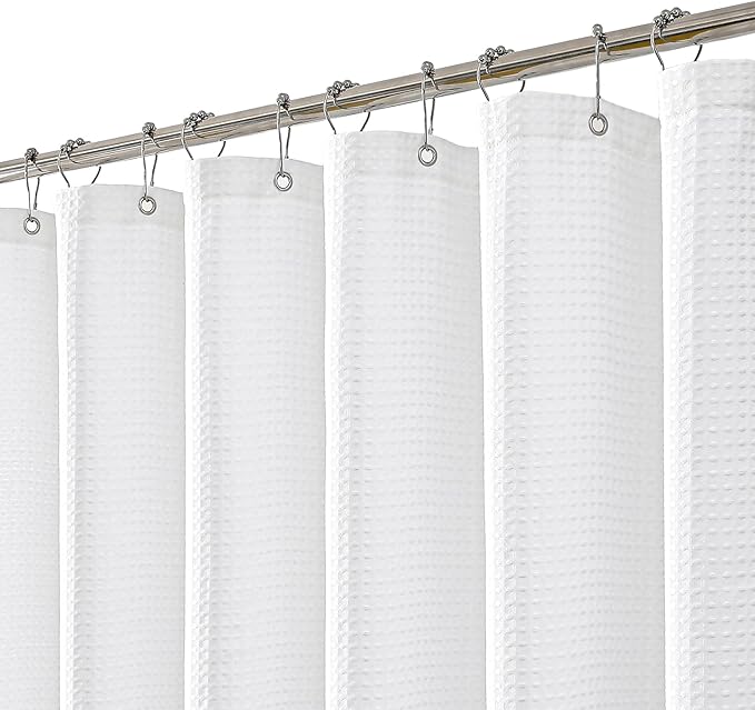 meioro White Shower Curtain, Waffle Weave 256GSM Heavy Duty Textured Fabric Shower Curtains for Bathroom Hotel Spa, Luxury Weighted Polyester Cloth Bath Curtain Set with 12 Hooks, 60Wx72H