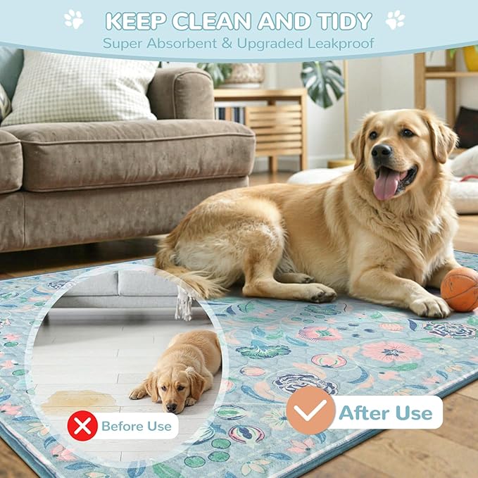 Lahome Washable Reusable Pee Pads for Dogs - Blue Botanical Floral 2 Pack Puppy Pads, Super Absorbent & Waterproof Dog Training Mats for Potty & Crate - Leakproof with Non-Slip Backing (24"x24")