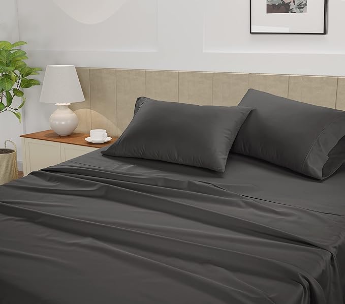 LANE LINEN 100% Cotton Sheets King Size – 450 Thread Count King Size Sheets, Hotel Luxury Soft Silky Sateen Weave, Gentle on Body, Fully Elasticized 15" Deep Pocket, Machine Washable – Charcoal