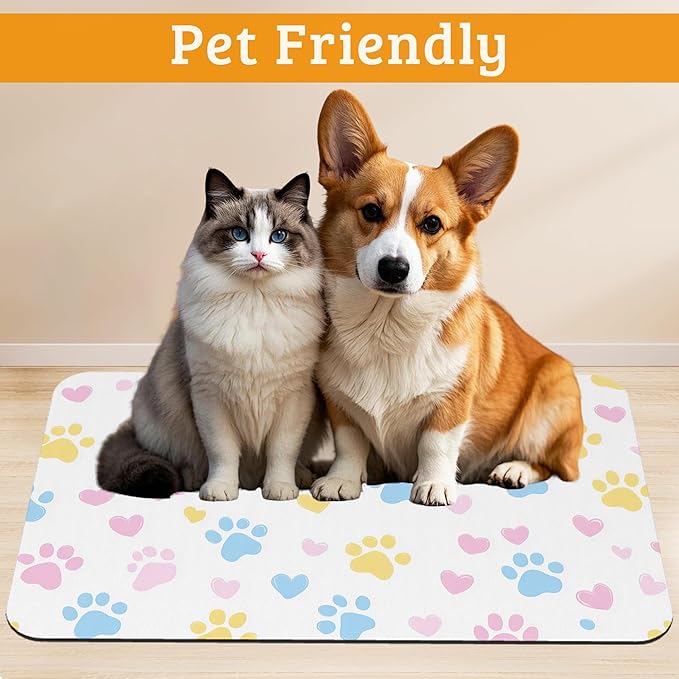 Dog Bowl Mat,Colorful Dog Paws Pet Feeding Mat for Floors Waterproof,Animal Absorbent Dogs Placemat for Food and Water Quick Dry Pet Cat Feeding Mats with Non Slip Bottom 12" x 20"