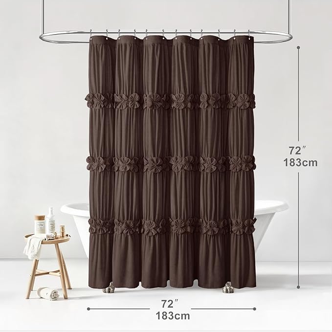 XOGUIBO Ruffle Shower Curtain with Handmade Bow Tie, Brown Linen Vintage Farmhouse Shower Curtain for Bathroom, 72" W x 72" H