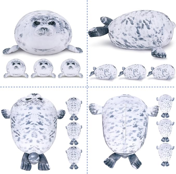 Achwishap 19.6” Seal Stuffed Animal Mommy with 3 Seal Baby Plush Toy,4pcs Seal Plush Pillow,Cute Plushie Seals Hugging Pillow Cuddle Plushie for Kids Girls Boys Birthday Gifts(Seals Family)