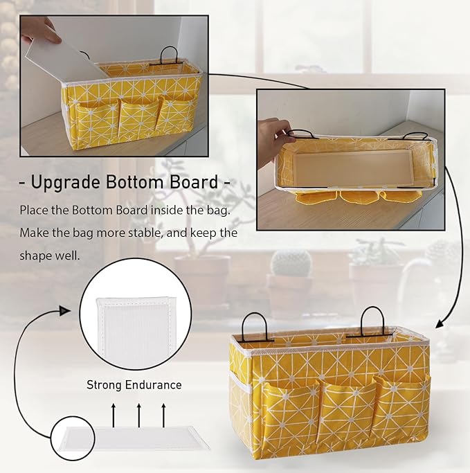 Kanrichu 2pcs 3-pockets Large Wall Hanging Organizer Bag, Linen Fabric Door Hanging Storage Baskets with Pockets, Waterproof Bin for Kitchen, Bedroom, Office, RV Camper (Yellow_2pcs)