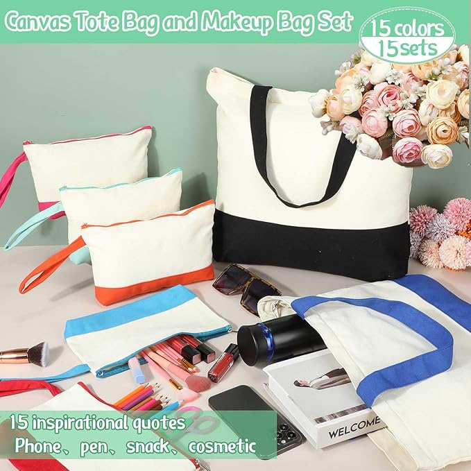 Sanwuta Canvas Tote Bags Bulk with Zipper Cosmetic Pouch 18.5" Reusable Cotton Shopping Bag with Handle for DIY Craft