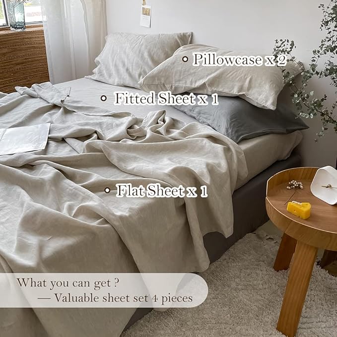 Simple&Opulence Washed Linen Bed Sheet Set Basic Style 4 Pieces (1 Flat Sheet & 1 Fitted Sheet & 2 Pillowcases) 100% Natural French Flax Soft Breathable Farmhouse Bedding (Queen, Linen)