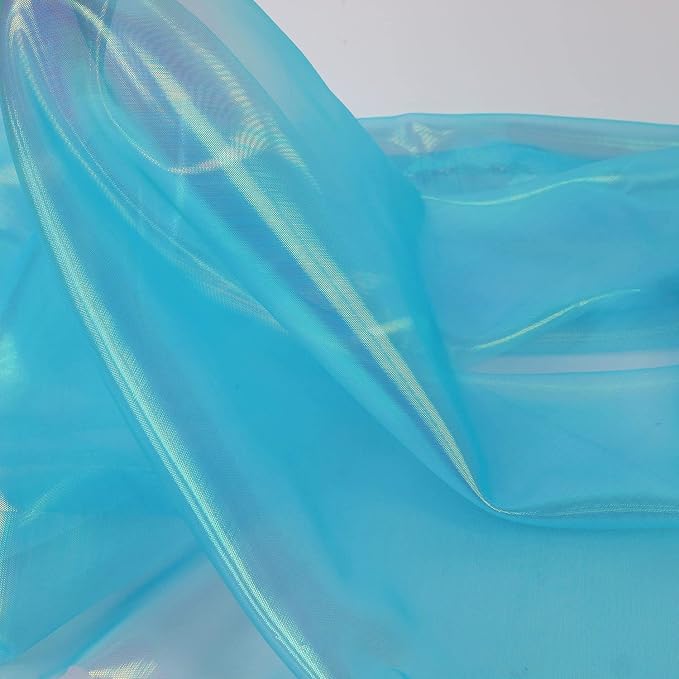 Sheer Iridescent Organza Fabric 58 Inches Wide - 5 Yards Precut - Shinny Wedding Party Decor Fairy Costume Voile Doll Clothes Sewing - Cyan Blue