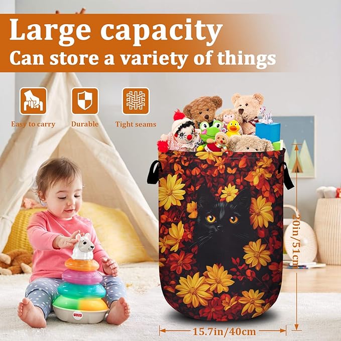 Black Cat in Flowers Laundry Basket with Sturdy Handles, Red Yellow Floral Collapsible Oxford Cloth Laundry Hamper Organizer Basket for Bathroom Bedroom 15.7x20 Inch