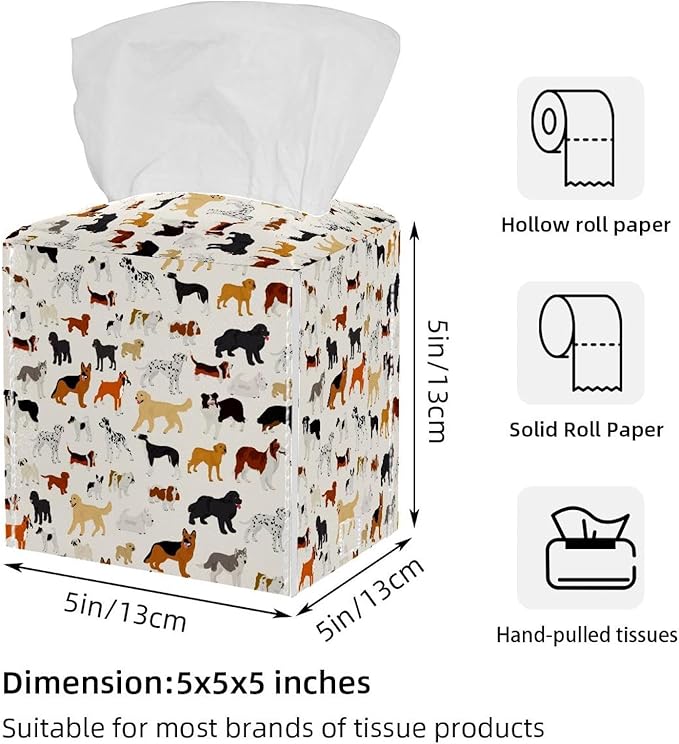 2 Pack Dog Tissue Box Cover Leather Tissue Holder Facial Tissue Case Paper Organizer for Bathroom, Vanity Countertop, Tabletop, Car