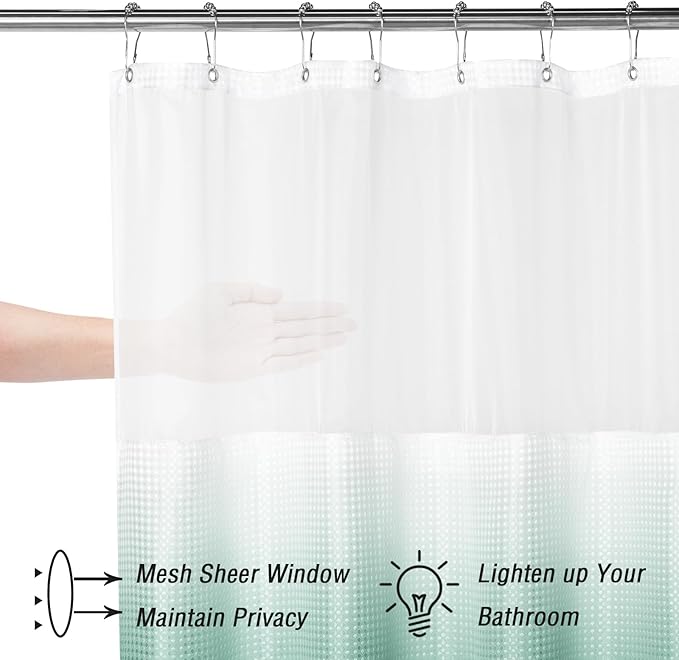 Gibelle Waffle Weave Shower Curtain with Mesh Top Window and Hooks Set, Spa Like Hotel Style Fabric Shower Curtain for Bathroom, Ombre Teal, 72x72