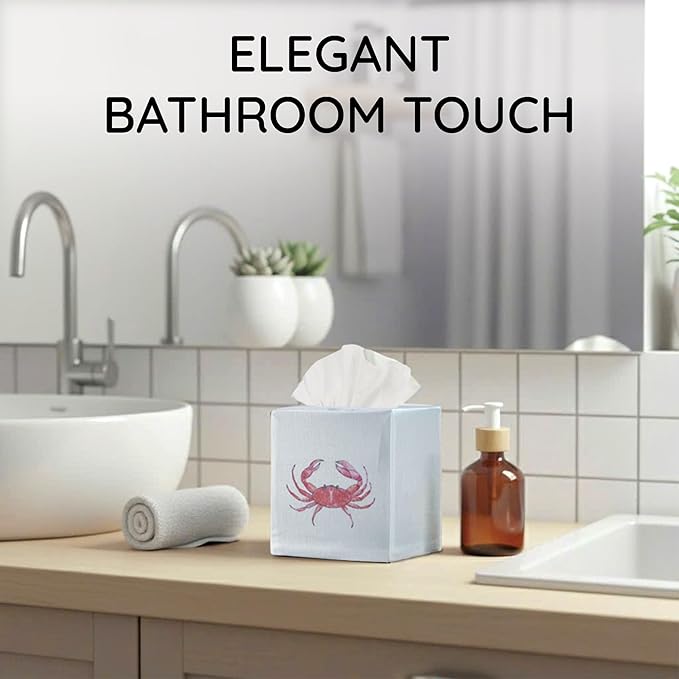EmbroideryLinen.VN Tissue Box Cover Set of 2, Square Cotton Tissue Holder, Printed Animal Pattern, 4.5x4.5x5.5 Inches, Decorative Holder for Bathroom, Living Room, Office (Blue & Red Crab)