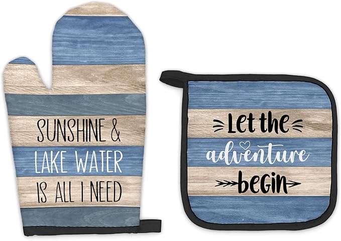 Lake Gifts Oven Mitts and Pot Holders Sets, Lake Lovers House Gifts Kitchen Accessories Sets Decor, Rustic Sunshine Lake Water is All I Need Heat Resistant Oven Glove Potholders for Kitchen