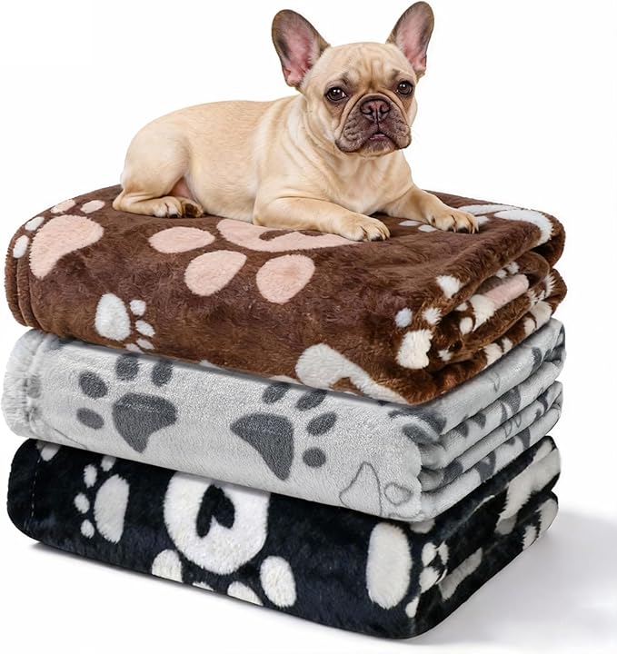 Gowyeg Premium Dog Blankets for Small Dogs & Cat Flannel Blanket Washable, Soft Pet Throw Cover for Kennel Crate Bed, Cute Paw Pattern, 31x23 inch,Black/Grey/Brow